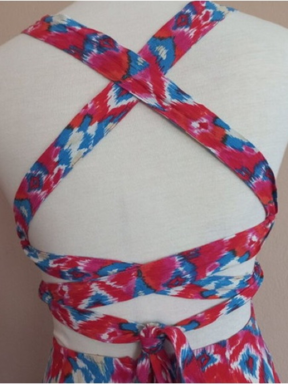 π NWT Zara Ikat Print Mini Dress Red Blue Lace Up Back Large - Picture 8 of 17